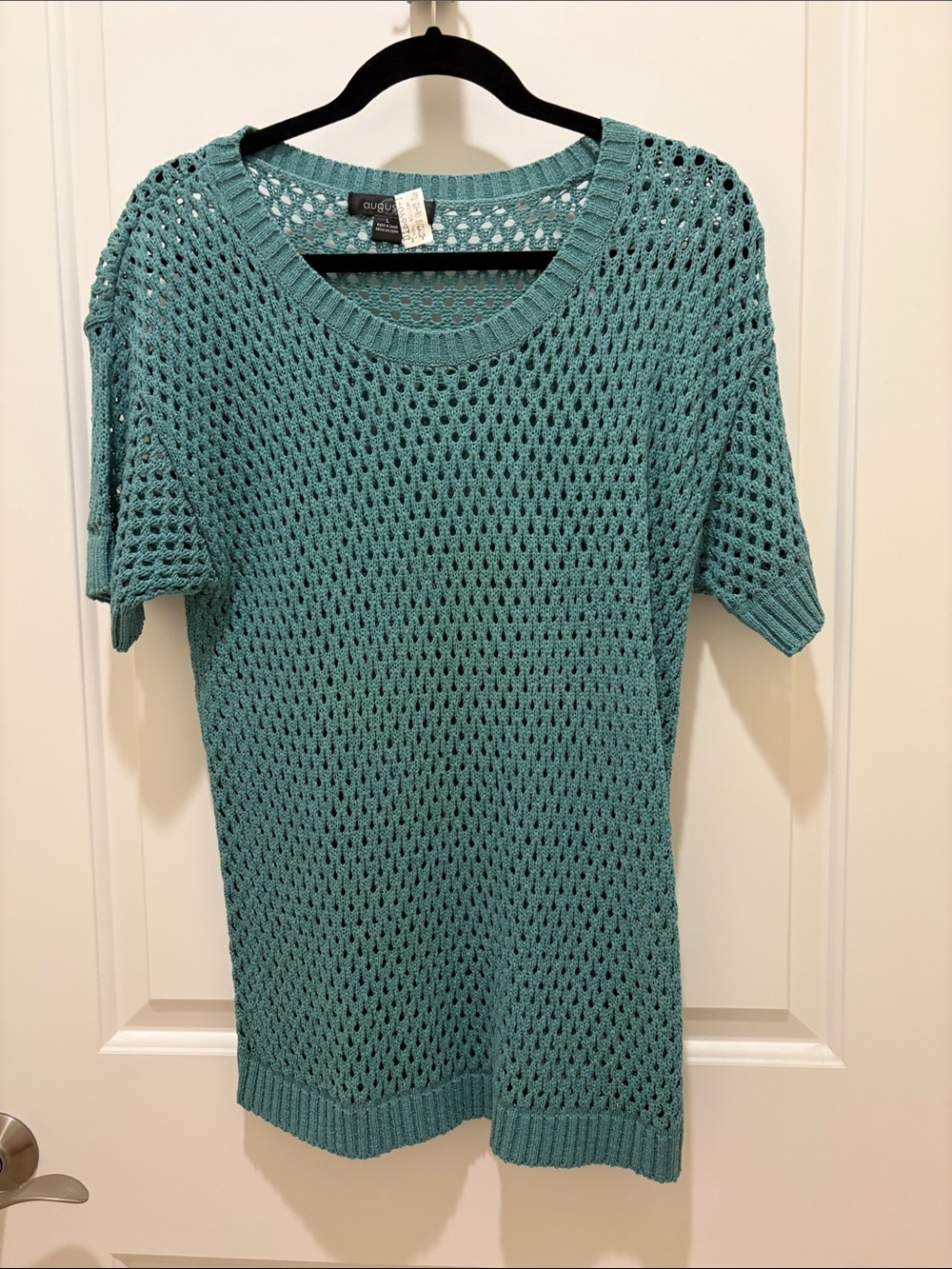 August Max Teal Open-Knit Short Sleeve Sweater